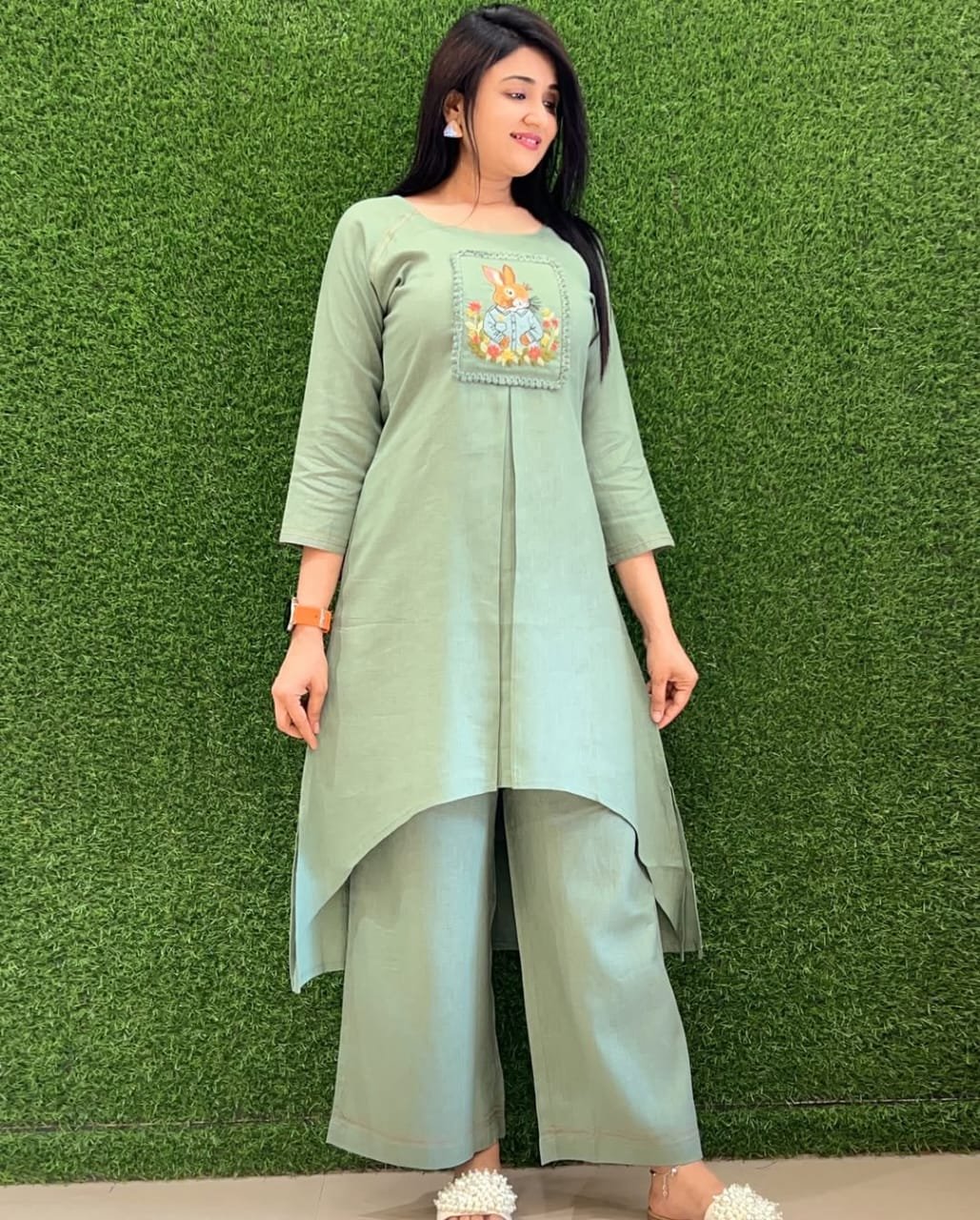 Green Cotton Slub Embroidered Tunic Set